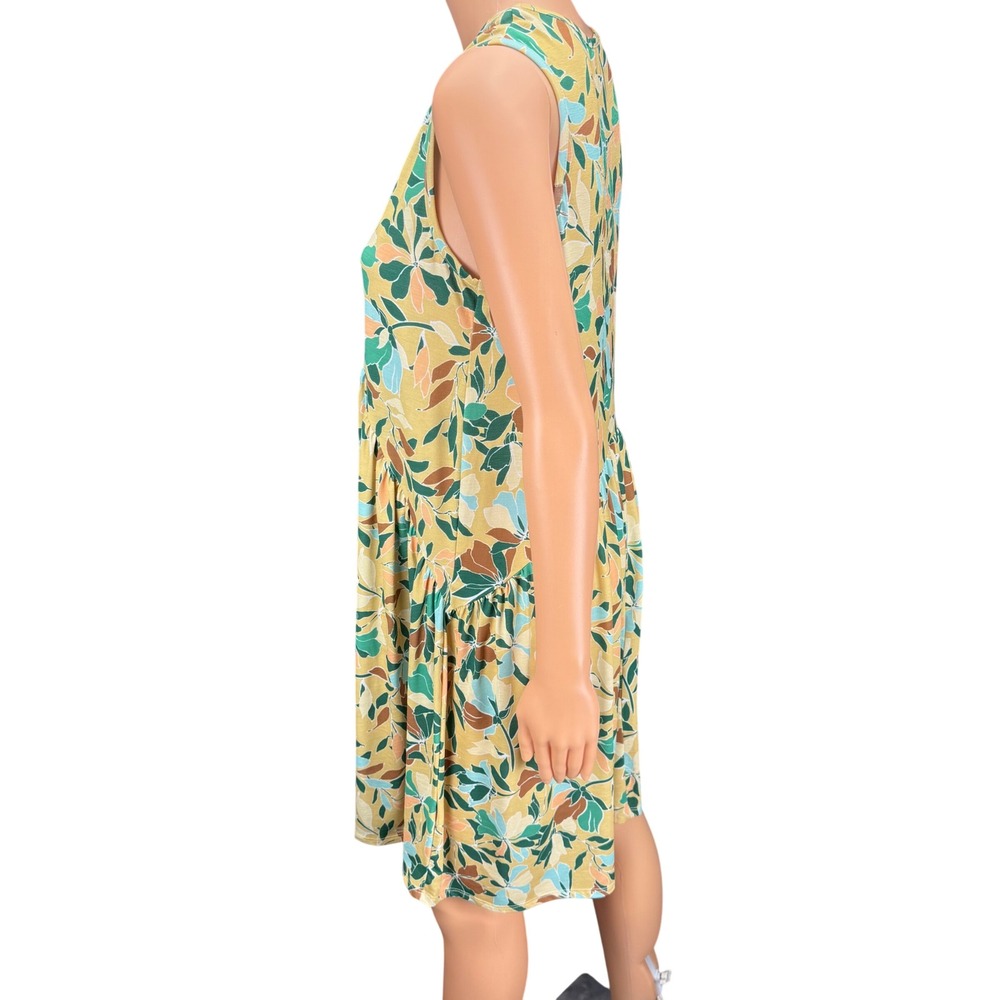 BOMBOM Yellow Green Floral Leaf Print Babydoll Dress Small DA1408 USA Made - Picture 6 of 10